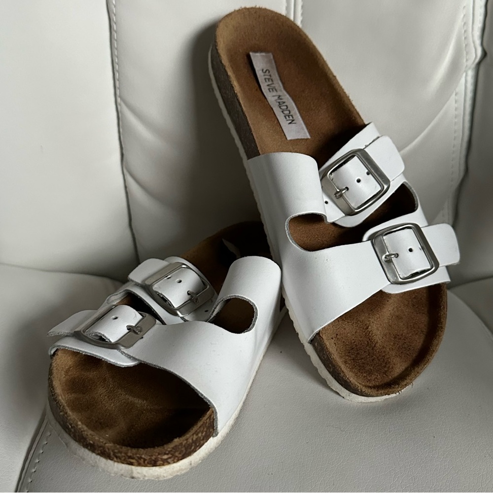 Steve Madden White Double Buckle Slide Sandals
